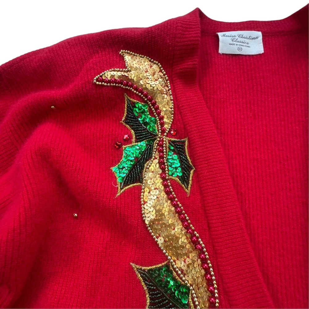 Marisa Christina Classics Christmas Bell Sequin Cardigan Women M Red Sweater VTG - Picture 3 of 13